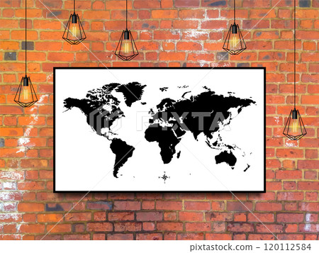 world map in a frame with Edison lamps on a brick wall background in loft style design. vector illustration world map in a frame with Edison lamps on a brick wall background in loft style design. vector illustration 120112584