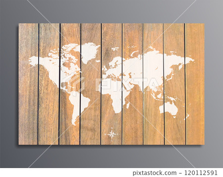 world map on a background texture of wooden boards on grey wall. vector illustration 120112591