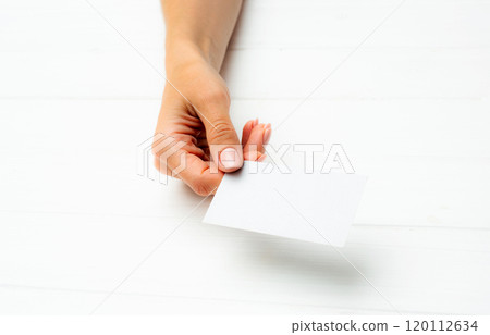White business card in girl hands White business card in girl hands 120112634
