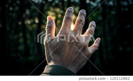 AI-generated image of a rugged man's right hand held in front of his eyes_02 120112662