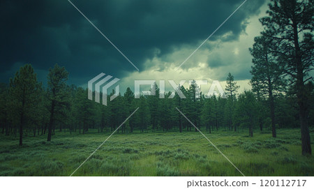 [Landscape/Wallpaper] Many trees and a wide grassland in dark weather 120112717