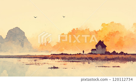 [風景/壁紙] 湖水和鳥兒染上朝霞 120112734