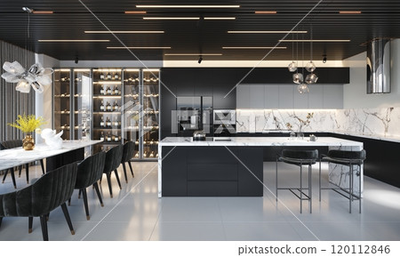 Luxurious modern kitchen interior design with marble accents and wine display 120112846