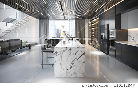 Luxurious modern kitchen interior design with marble island and sleek black cabinets 120112847