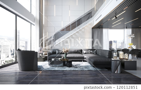 Modern luxurious living room with contemporary design and panoramic city view Modern luxurious living room with contemporary design and panoramic city view 120112851