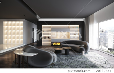 Modern luxury living room design with sleek furniture and elegant fireplace 120112855