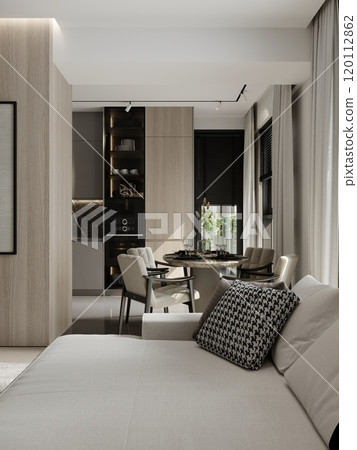 Modern apartment interior with open kitchen and cozy living space design 120112862
