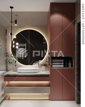 Modern bathroom design with circular mirror and ambient lighting for elegant interior decor 120112863