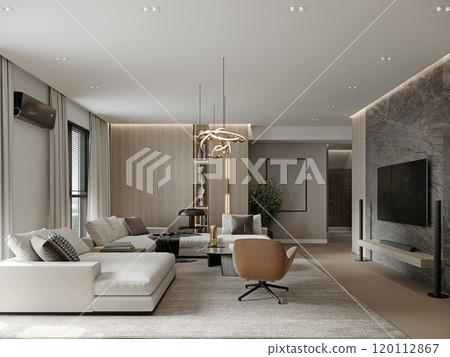 Modern luxury living room interior design with neutral tones and sophisticated decor 120112867