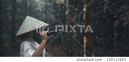 A mysterious samurai warrior holds a katana in a rainy forest shrouded in shadow, creating a powerful atmosphere. A samurai with a katana stands in the forest and looks toward the open space. A mysterious samurai warrior holds a katana in a rainy forest shrouded in shadow, creating a powerful atmosphere. A samurai with a katana stands in the forest and looks toward the open space. 120112883