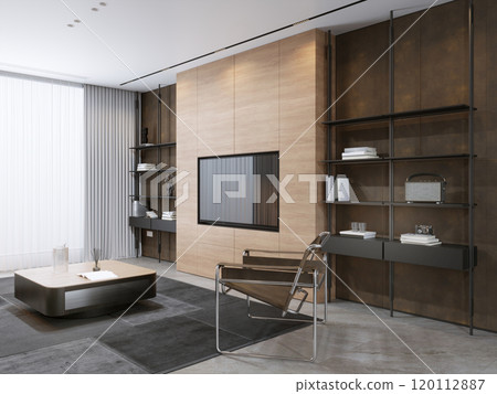Modern living room interior with minimalist decor and wooden accents 120112887