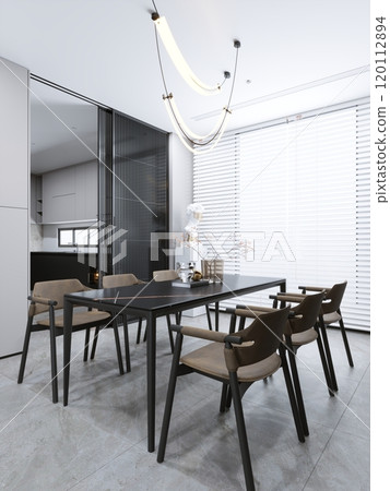 Modern minimalist dining room with elegant lighting and contemporary furniture design 120112894