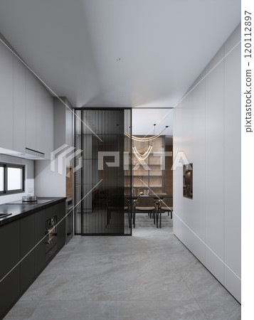 Modern minimalist kitchen and dining space with sleek design elements 120112897