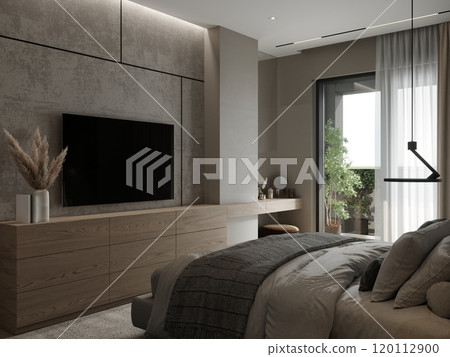 Modern minimalist bedroom design with neutral tones and natural accents 120112900
