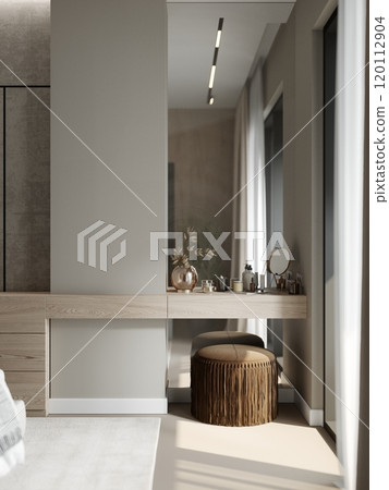 Modern minimalist dressing area with natural light and elegant decor 120112904