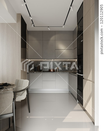 Modern minimalist kitchen design with sleek gray cabinets and marble accents Modern minimalist kitchen design with sleek gray cabinets and marble accents 120112905