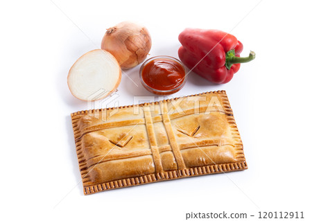 Tuna pie (empanada gallega) isolated on white background 120112911