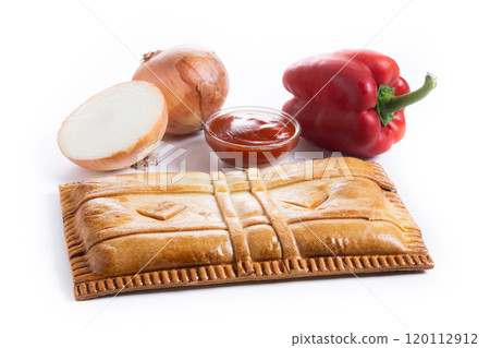 Tuna pie (empanada gallega) isolated on white background 120112912