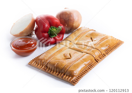 Tuna pie (empanada gallega) isolated on white background Tuna pie (empanada gallega) isolated on white background 120112913