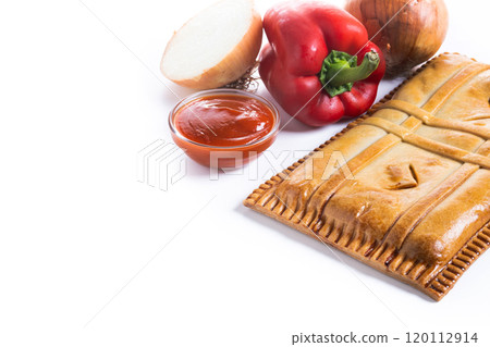 Tuna pie (empanada gallega) isolated on white background 120112914