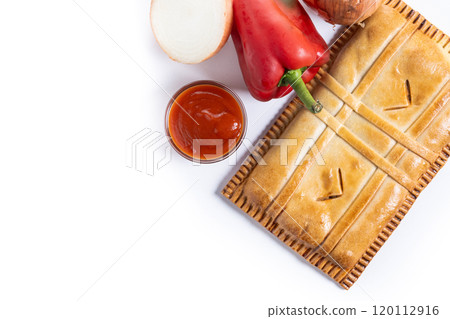 Tuna pie (empanada gallega) isolated on white background 120112916