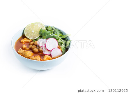 Traditional mexican red pozole soup isolated on white background 120112925