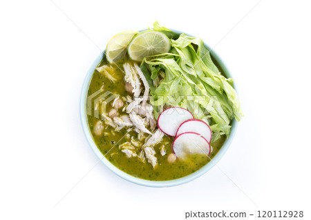Traditional mexican green pozole soup isolated on white backgroundTraditional mexican green pozole soup isolated on white background 120112928