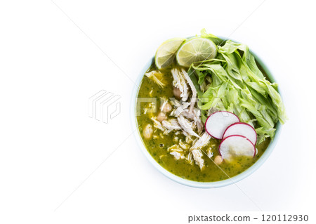Traditional mexican green pozole soup isolated on white background 120112930