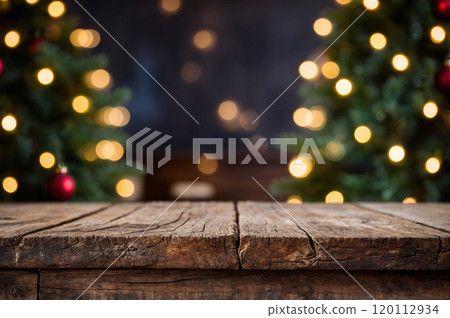 Rustic Wooden Tabletop with Festive Christmas Tree Lights Background 120112934