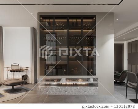 Modern luxury living room with elegant fireplace and glass shelving 120112978