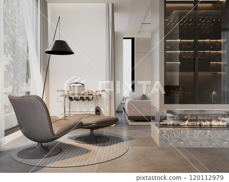 Modern luxury living room with fireplace and elegant lounge chair 120112979