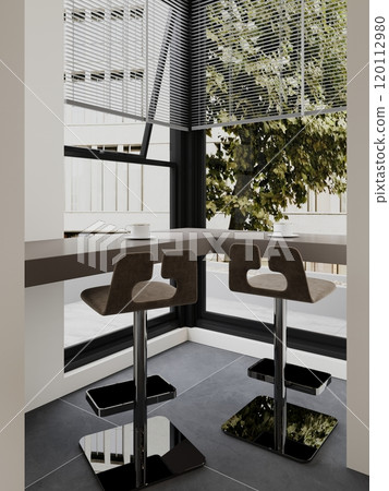 Modern minimalist corner cafe interior with stool seating and natural views 120112980