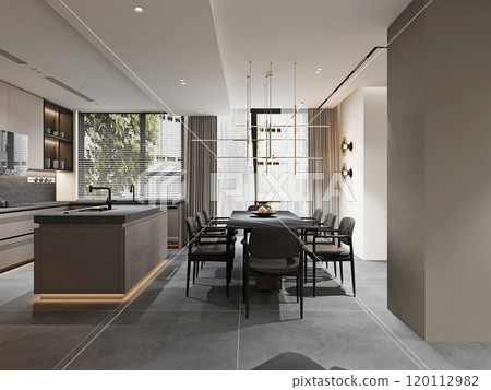 Modern minimalist kitchen and dining room design with contemporary lighting Modern minimalist kitchen and dining room design with contemporary lighting 120112982