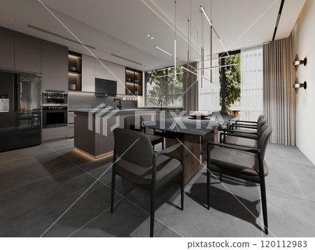 Modern minimalist kitchen and dining room design with sleek furnishings Modern minimalist kitchen and dining room design with sleek furnishings 120112983