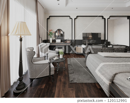 Elegant vintage-inspired bedroom interior with classic furniture and soft lighting 120112991