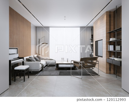 Modern minimalist living room design with neutral tones for interior inspiration 120112993