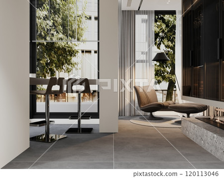Modern elegance in urban living room with contemporary furniture and natural light 120113046