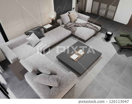 Modern living room design with gray furniture and minimalist decor 120113047