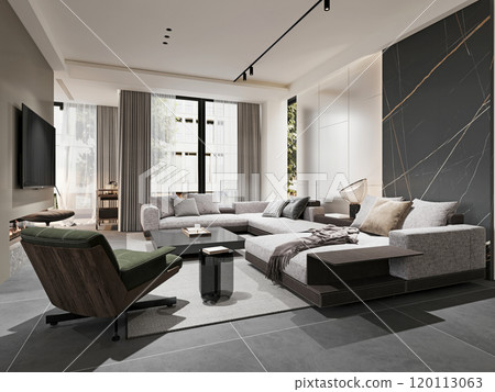 Modern minimalist living room with stylish neutral decor for contemporary homes 120113063
