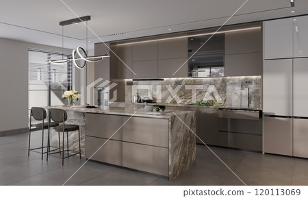 Luxurious modern kitchen interior design with marble island and sleek cabinetry 120113069