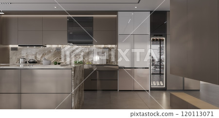 Modern luxury kitchen interior with sleek appliances and marble accents 120113071