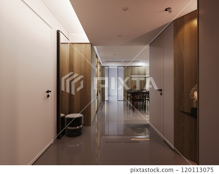 Modern interior corridor with wood paneling and glossy flooring design 120113075