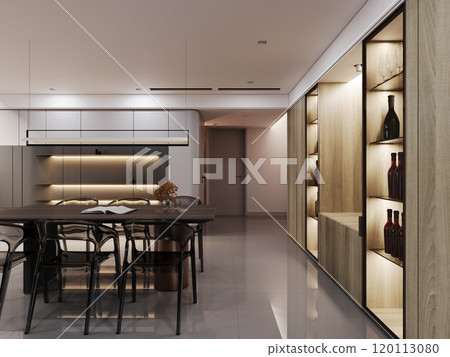 Modern minimalist dining room interior with wooden accents and ambient lighting Modern minimalist dining room interior with wooden accents and ambient lighting 120113080