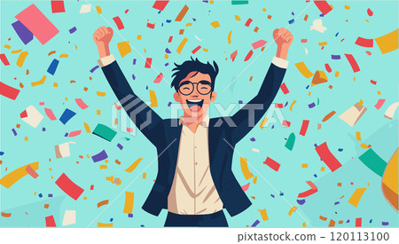 A joyful young man celebrates success with confetti in the background at a festive event 120113100