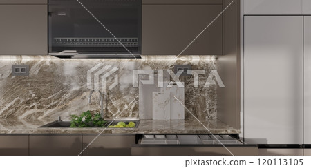 Modern kitchen interior with marble backsplash and minimalist decor 120113105