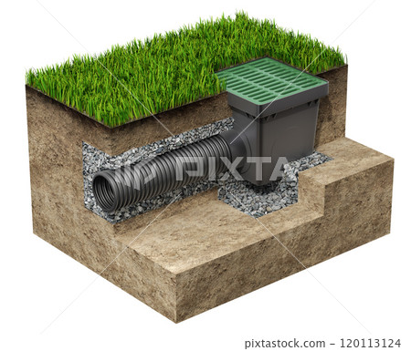 Cross section of sewer drainage system concept with drain box and catch basin isolated on white background - 3D illustration Cross section of sewer drainage system concept with drain box and catch basin isolated on white background - 3D illustration 120113124