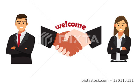 Business professionals greeting each other with a handshake in a welcoming atmosphere Business professionals greeting each other with a handshake in a welcoming atmosphere 120113131