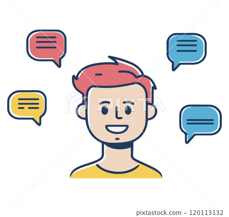 Young man with colorful speech bubbles engaging in conversation and expressing ideas Young man with colorful speech bubbles engaging in conversation and expressing ideas 120113132