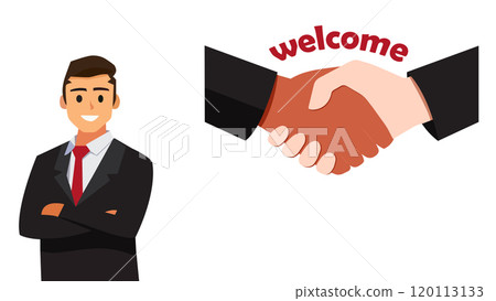 A business professional greets with a welcome gesture and handshake illustration for engagement A business professional greets with a welcome gesture and handshake illustration for engagement 120113133