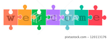 Colorful puzzle pieces forming the word welcome in a cheerful design for all occasions 120113176